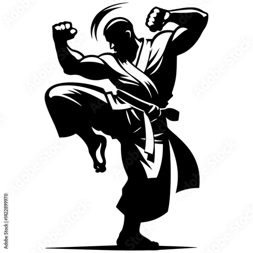 Tattoo emblem of kung fu master in vertical fighting stance in monochrome. Engraving minimalistic vector in black ink drawing on transparent background