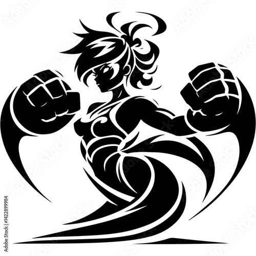 Tattoo emblem of fabulous fire fury delivers a circular crushing super strike in monochrome. Engraving minimalistic vector in black ink drawing on transparent background