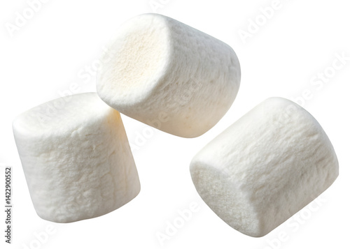 Floating soft white marshmallows with fluffy texture and rounded edges, isolated on transparent background.

