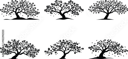 Sakura tree and cherry blossom silhouette black vector art set design