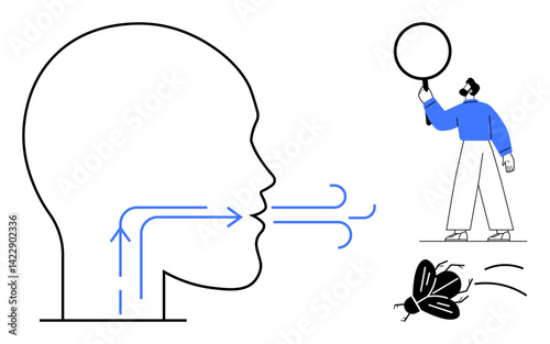 Diagram of head with airflow arrows, person holding a bubble, flying insect. Ideal for health, biology, science, breathing, communication, focus simple landing page