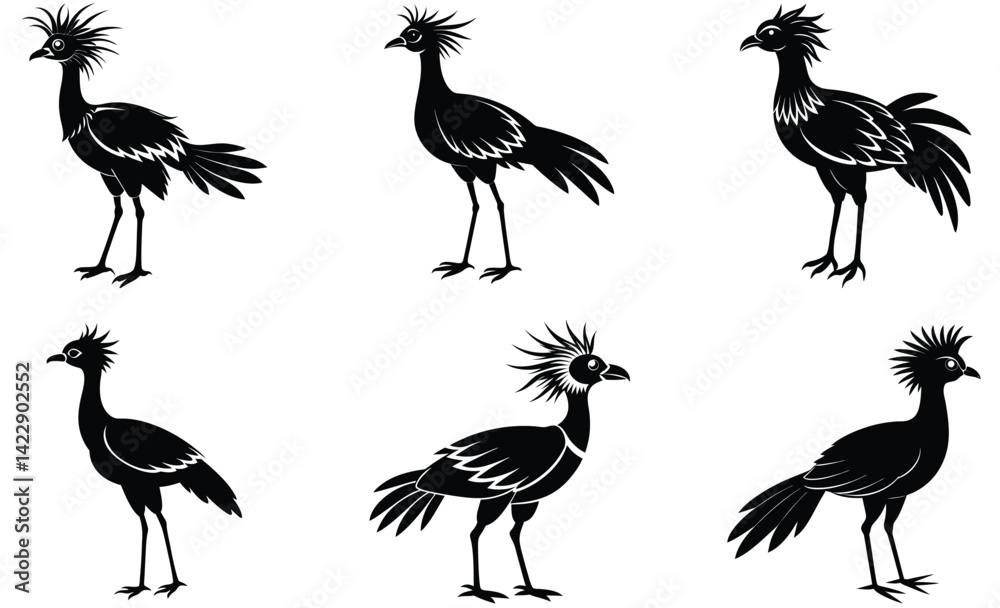 Naklejka premium Secretary bird animal bird silhouette black vector art design set