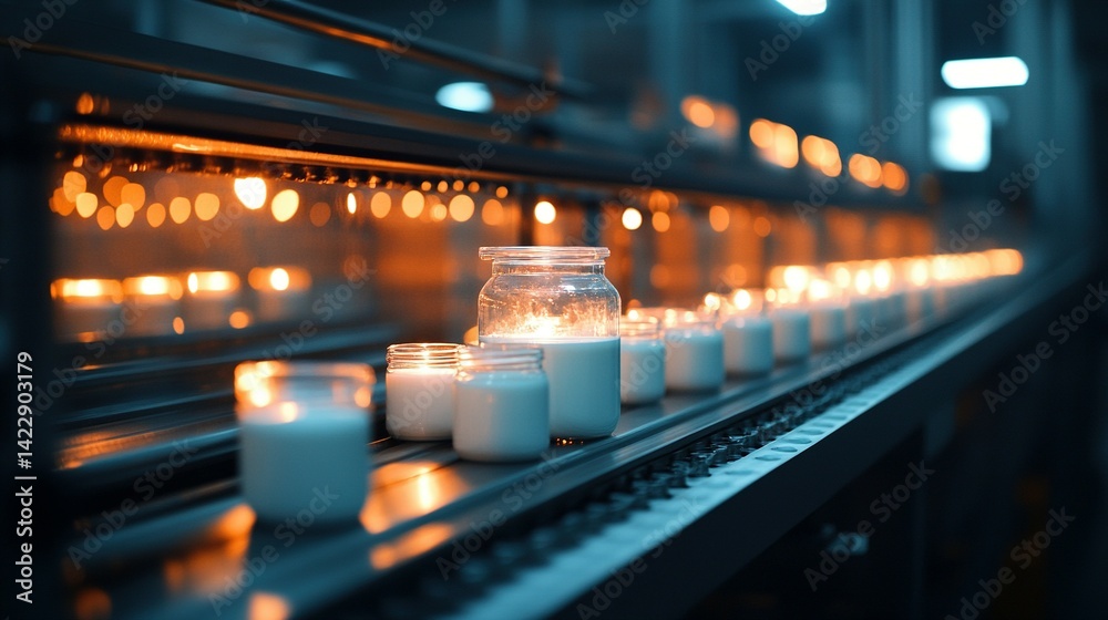Illuminated candles moving on a production line. Illuminated candles moving on a production line.