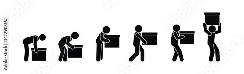 set of stickman icons in various poses, man carrying and picking box, sticks figure human silhouette, carries cargo, courier illustration