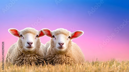 Two Adorable Sheep on Pasture with Colorful Sunset Background