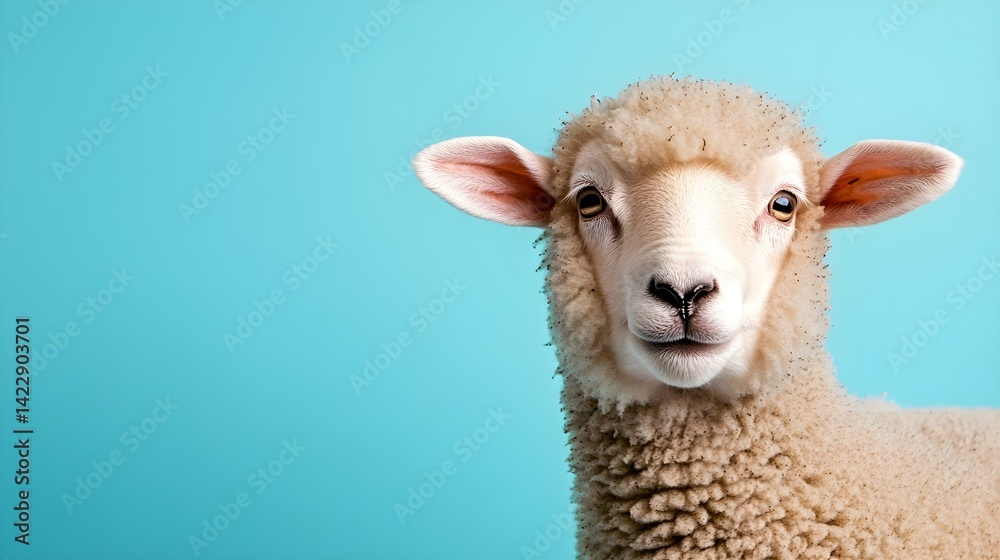 Fototapeta premium Adorable Young Sheep Against a Bright Blue Background