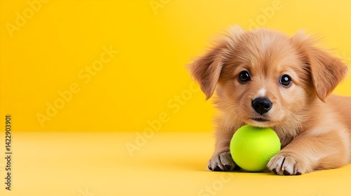 Adorable Puppy with Green Ball on Bright Yellow Background