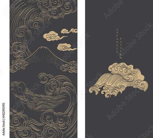 Japanese background with mountain, chinese cloud and hand drawn wave pattern vector. Abstract template with geometric wave pattern. Cultue layout design in oriental style