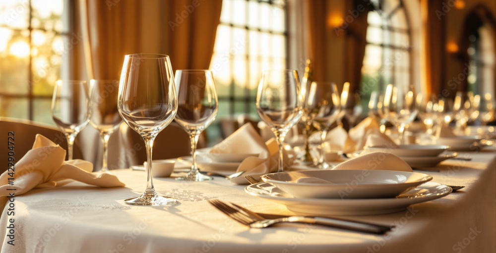 Upscale banquet table set with wine glasses, plates, and napkins in warm sunlight, soft focus background, luxurious fine dining concept. Ai generative
