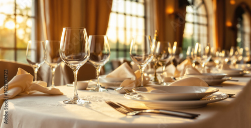 Obraz na płótnie Upscale banquet table set with wine glasses, plates, and napkins in warm sunlight, soft focus background, luxurious fine dining concept. Ai generative w salonie