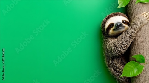 Cute Sloth Climbing Tree Against Vibrant Green Background