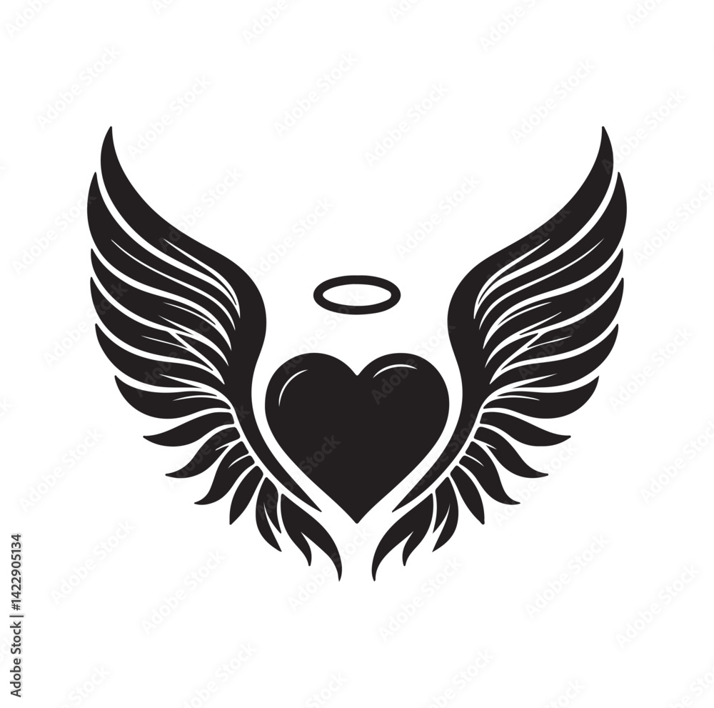 Obraz premium Angelic Heart Wings of Love silhouette vector illustration