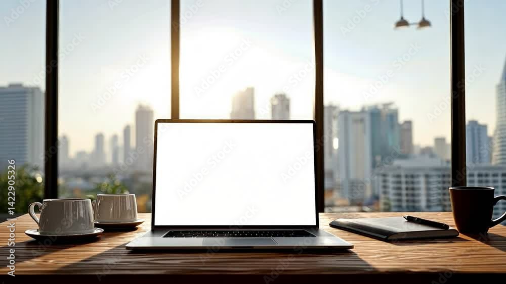 Sunrise Workspace: An open laptop sits on a wooden desk, offering a bright display with an out-of-focus cityscape visible through a window, coffee, and a pen add to the productivity aesthetic.