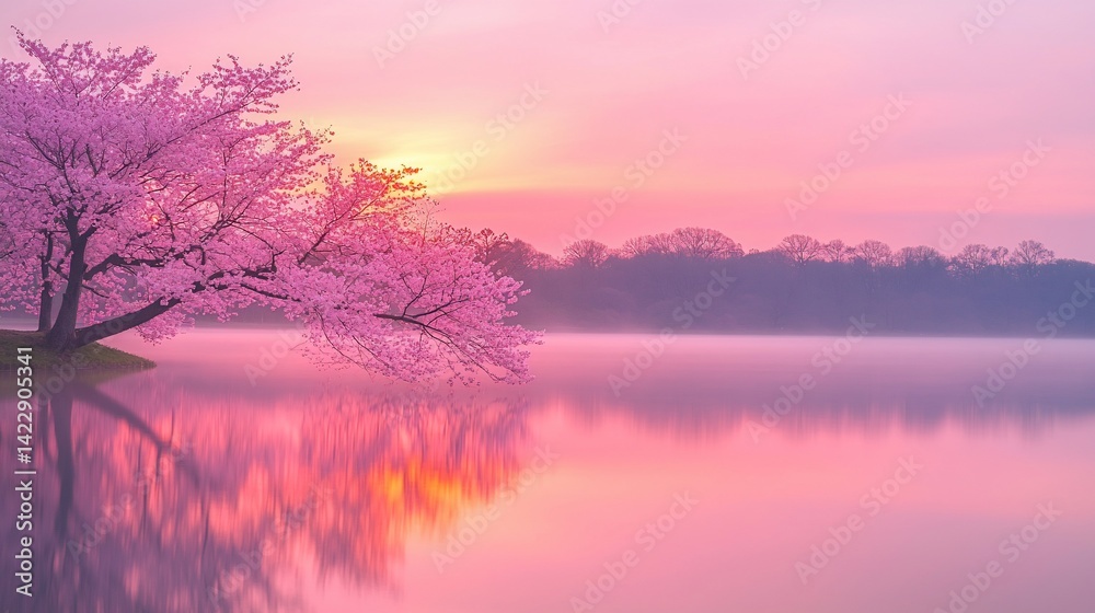 Fototapeta premium Pink Cherry Blossom Sunrise over Lake