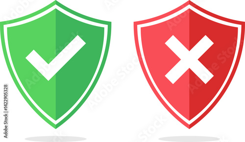 Shield checkmark and cross mark icon set. cyber protection and privacy. digital protection lock icons. encrypted padlock signs