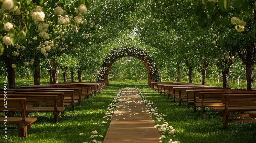 Obraz premium Lush outdoor wedding ceremony in a beautiful orchard.