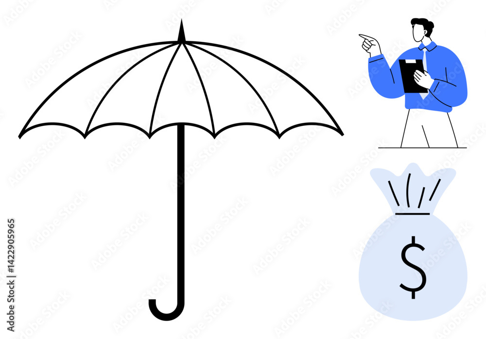 Large umbrella as protection, man with notes making plans, money bag representing wealth. Ideal for insurance, finance, risk management, safety, planning protection sustainability. Flat simple Large umbrella as protection, man with notes making plans, money bag representing wealth. Ideal for insurance, finance, risk management, safety, planning protection sustainability. Flat simple
