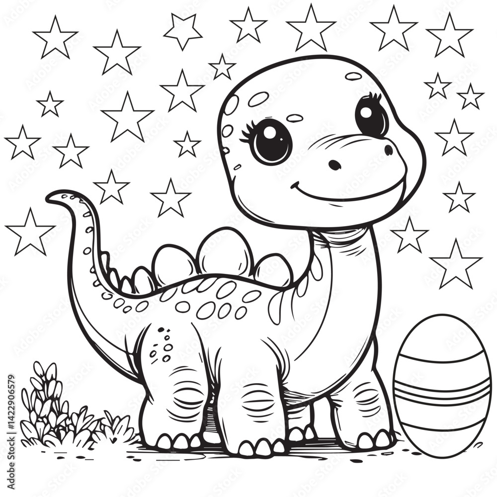 Fototapeta premium A black-and-white children's coloring book page with a friendly cartoon dinosaur