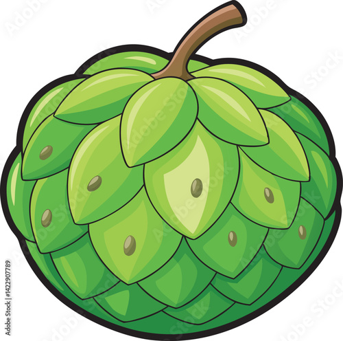 A vibrant vector art illustration of a delicious cherimoya fruit, showcasing its green skin and creamy interior in colorful detail.