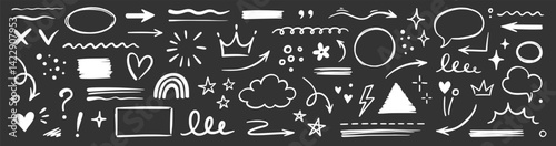 Line hand drawn brush marker underline, highlight, star element chalkboard set. Hand drawn sketch marker underline shape, arrow, star scribble brush pen stroke highlight element. Vector illustration