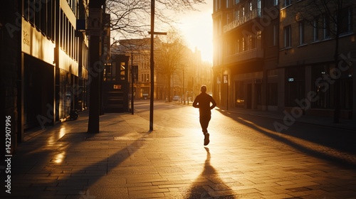 Early Morning Run, Silhouette of Man Jogging Through Golden Lit Urban Street