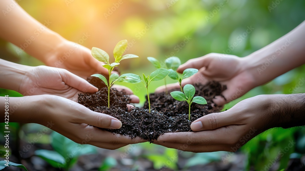 Fototapeta premium Hands nurturing small plants in rich soil.