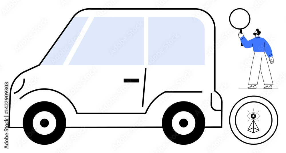 Compact car with large wheels and simple design, figure holding a round balloon, abstract art wheel detail. Ideal for transportation, modern lifestyle, mobility, urban living, innovation, auto Compact car with large wheels and simple design, figure holding a round balloon, abstract art wheel detail. Ideal for transportation, modern lifestyle, mobility, urban living, innovation, auto