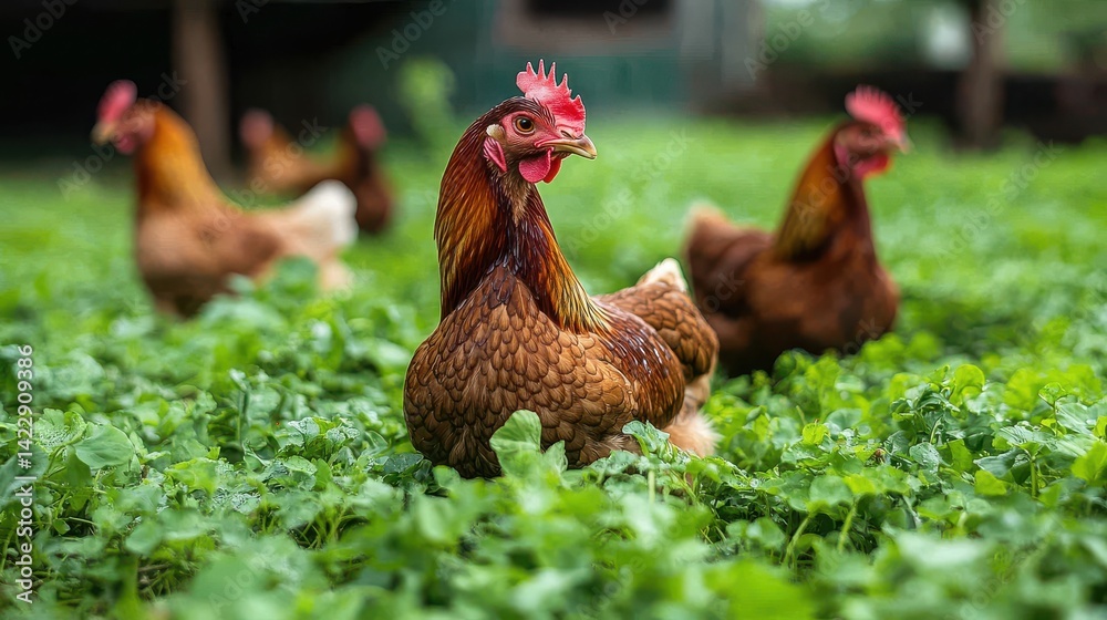 Fototapeta premium farm chickens grazing on lush green grass - stock photo