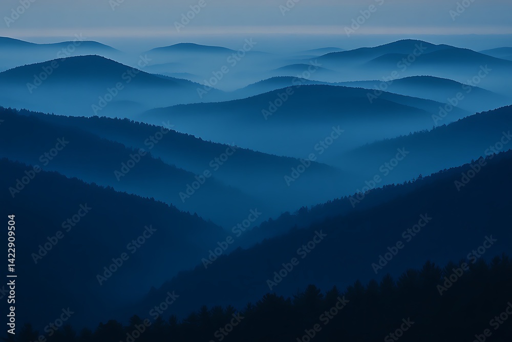 Naklejka premium Misty mountain range at dawn, serene landscape view from high elevation, possible use in nature-themed design