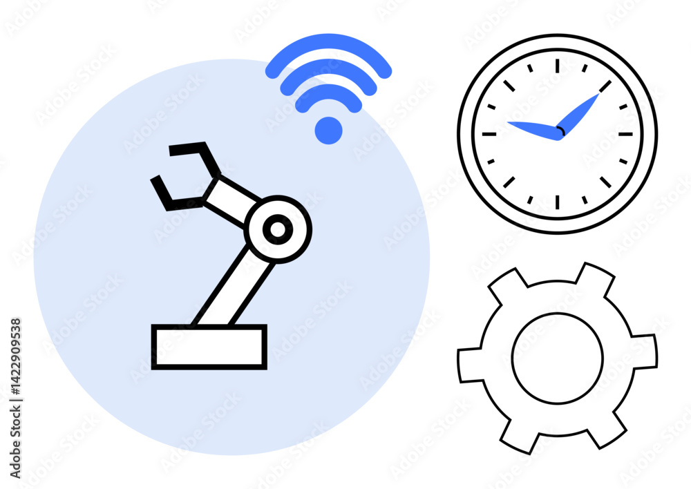 Robotic arm broadcasting signal, clock, and gear symbolizing automation, time management, connectivity, and machine learning. Ideal for tech, innovation, industry AI IoT productivity simple