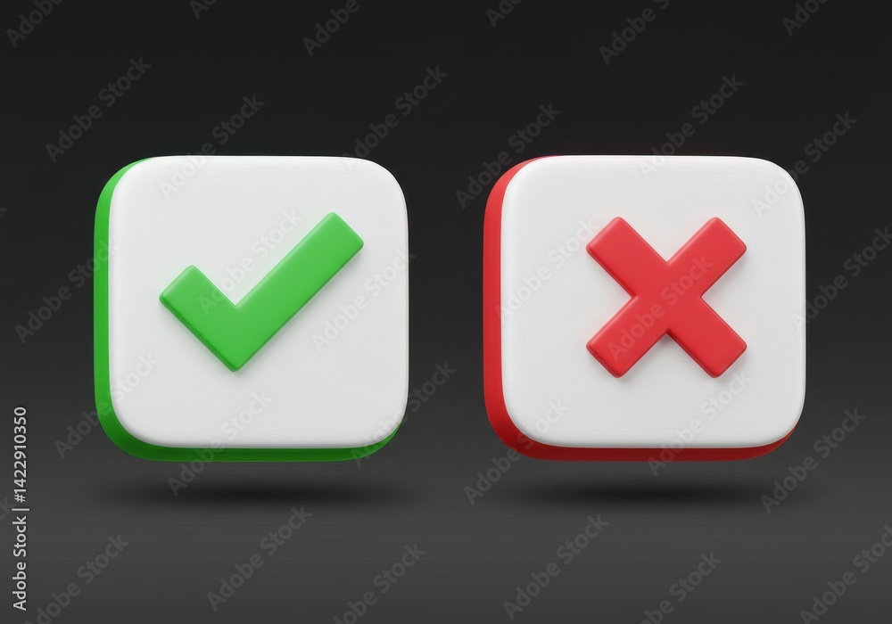 A pair of rendered check and cross symbols on a dark background in a simple and modern style design A pair of rendered check and cross symbols on a dark background in a simple and modern style design