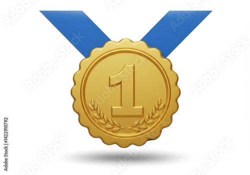 A golden medal with a blue ribbon and the number one in the center on a white background isolated view photo