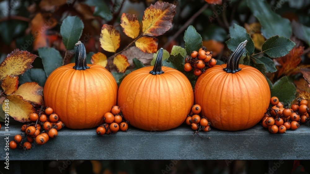 festive fall display with pumpkins berries and autumnal leaves - stock photo festive fall display with pumpkins berries and autumnal leaves - stock photo