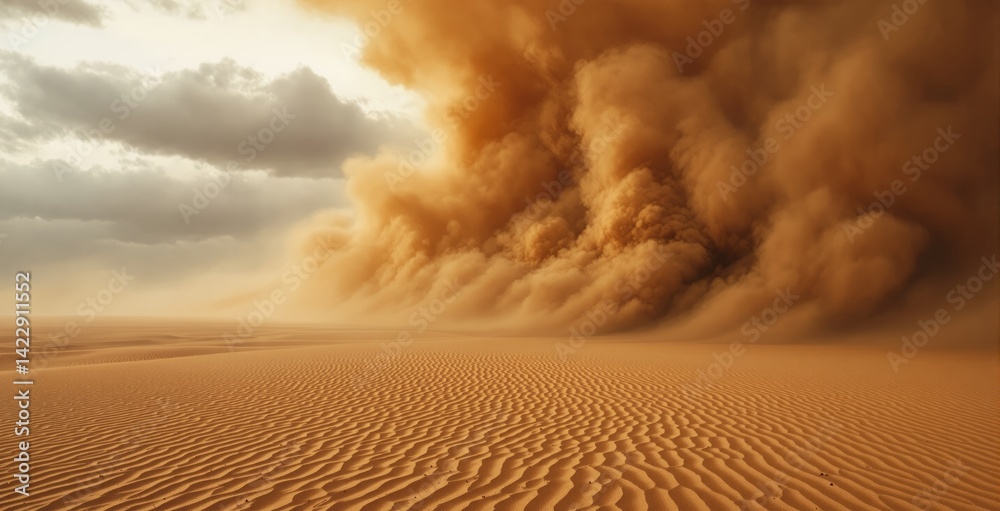Giant sandstorm rolling over desert dunes, realistic style, cloudy sky background, concept of extreme nature and weather force. Ai generative