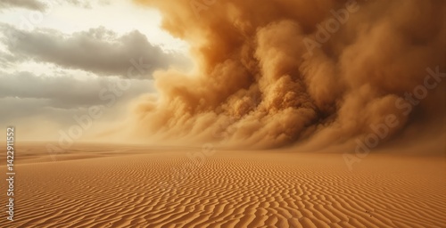 Obraz na płótnie Giant sandstorm rolling over desert dunes, realistic style, cloudy sky background, concept of extreme nature and weather force. Ai generative w salonie