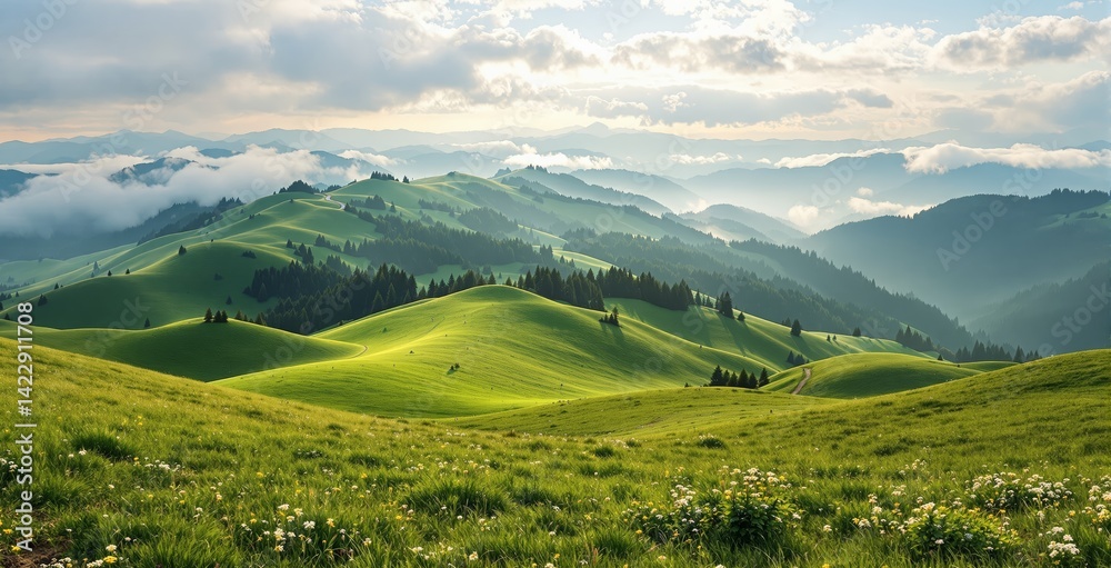 Fototapeta premium Vibrant green hills with wildflowers and pine trees, soft light landscape style, misty layered mountain background, concept of peaceful nature. Ai generative