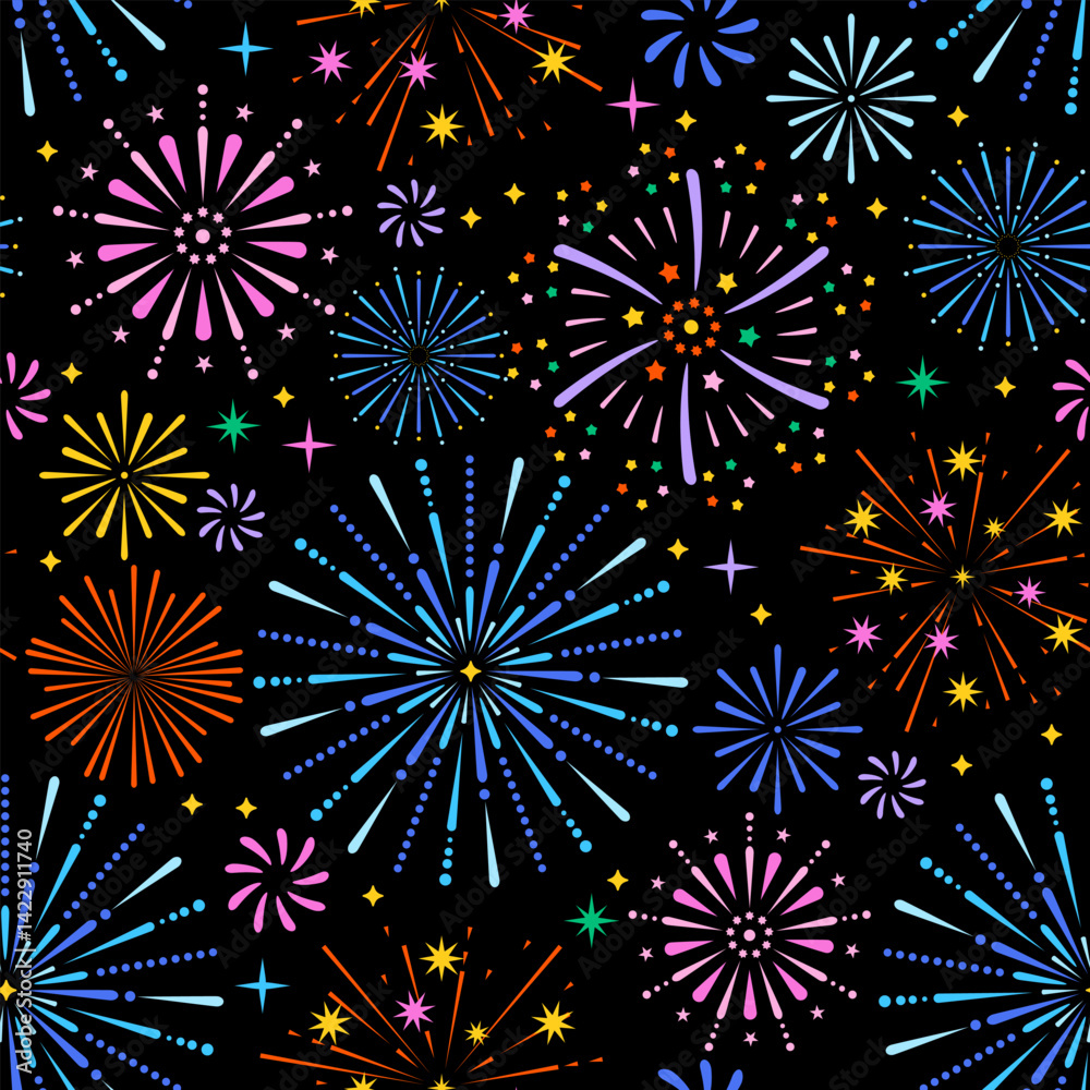 Seamless night sky with colorful fireworks pattern