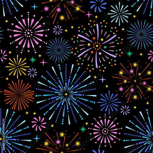 Seamless night sky with colorful fireworks pattern
