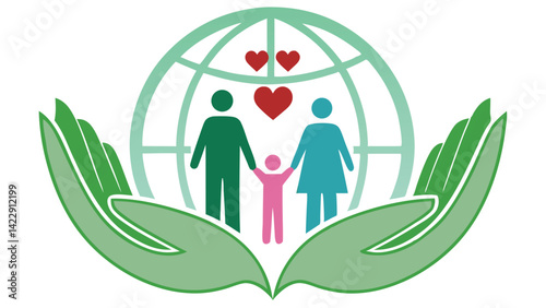 art of family within a global care icon with light green hands, red hearts