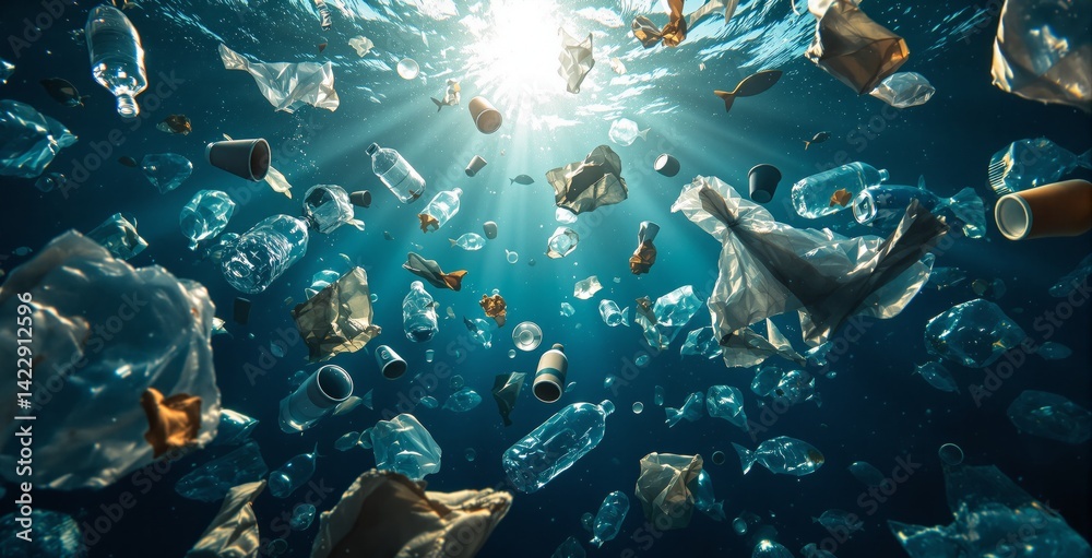 Fototapeta premium Plastic bottles, bags, and cups drifting underwater with sunlight rays and blue ocean background, emphasizing marine pollution and environmental issues. Ai generative