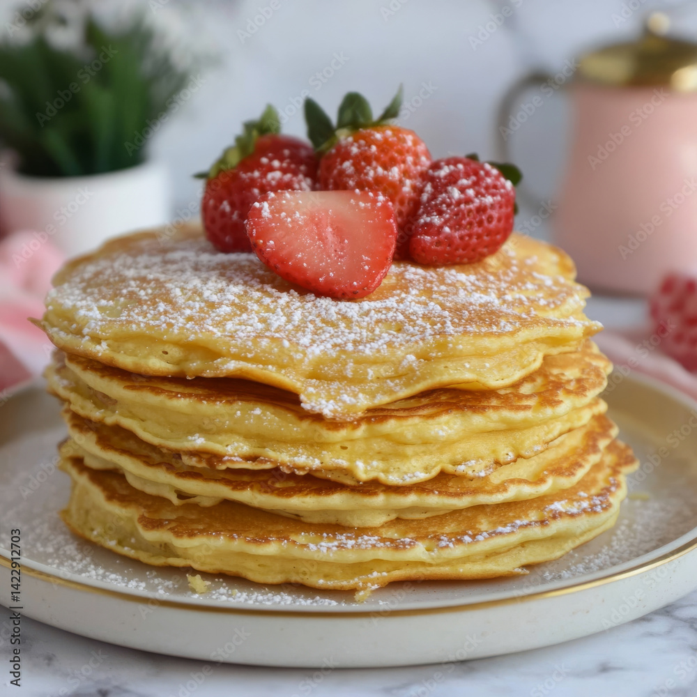 Fluffy pancakes topped with fresh strawberries and dusting of powdered sugar on white plate. background features pink teapot and plant, creating cozy breakfast setting Fluffy pancakes topped with fresh strawberries and dusting of powdered sugar on white plate. background features pink teapot and plant, creating cozy breakfast setting