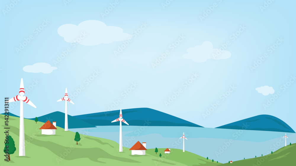 Naklejka premium Wind Turbine farm. landscape with windmill power generator