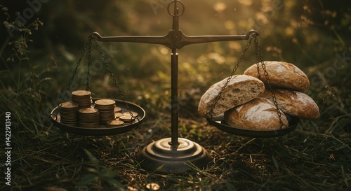 Vintage scales balancing bread and coins in nature  