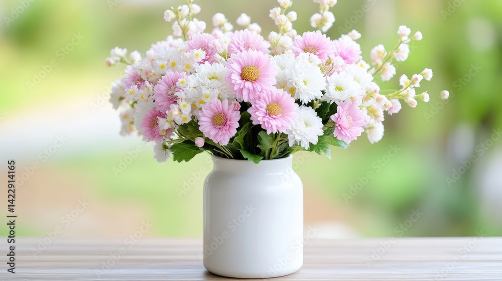 Fototapeta premium Delicate bouquet of pink and white flowers in a simple white vase