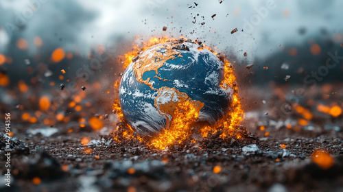 Shattered earth symbolizes global chaos and conflict representing a fractured world order instability climate crisis geopolitical tension and the urgent need for unity and global cooperation

