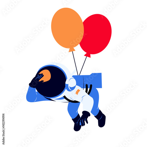 Vector astronaut flying with balloons in space. Great for playful designs, creative dream-themed visuals, kids illustrations, fantasy graphics, or imaginative galactic content.