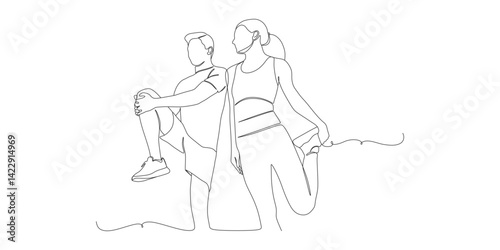 One Line Drawing of Couple Stretching Before Workout

