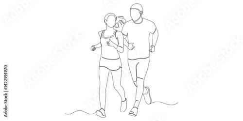 One Line Drawing of Couple Running Together

