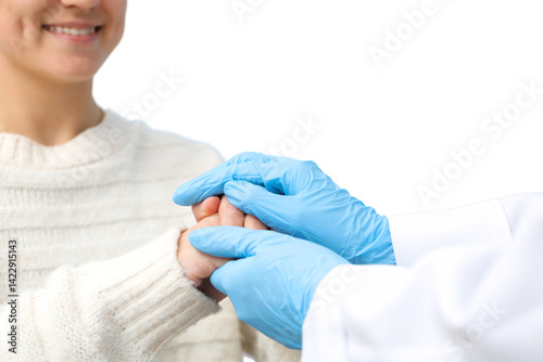 Obraz na płótnie A nurse gently holds a patient's hand, showcasing care and dedication, isolated on white, PNG w salonie