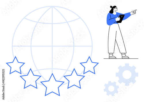 Woman pointing while holding a tablet, stars over a globe, and gear icons. Ideal for quality assurance, global reach, teamwork, ratings, evaluation, leadership simple landing page